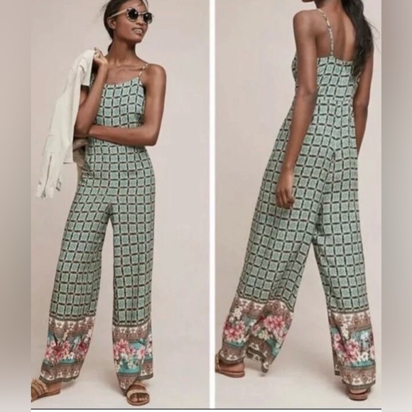 FARM Rio Pants - Farm Rio Honolulu Wide Leg Pant Jumpsuit with green and white geometric print. S